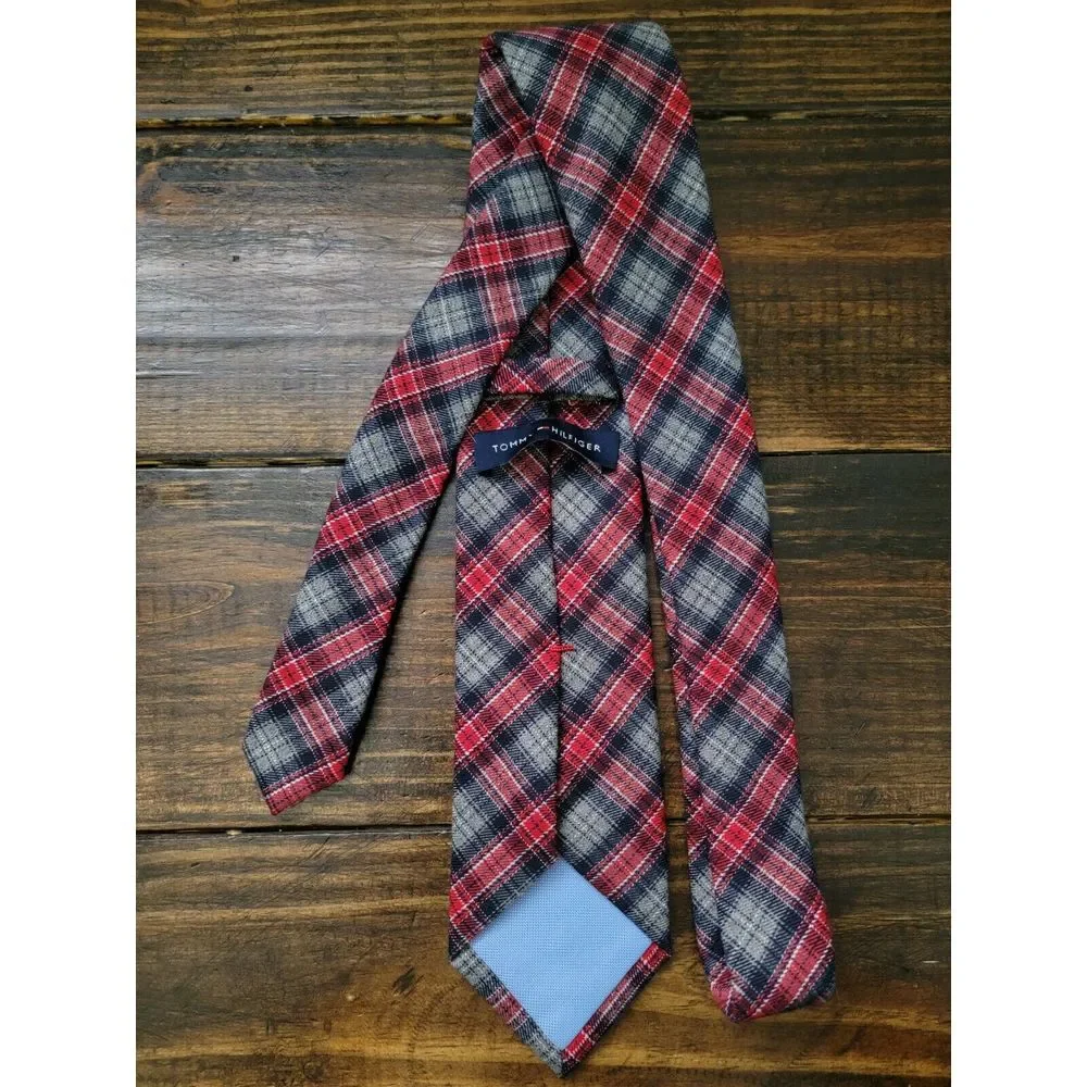 Tommy‎ Hilfiger Plaid Tie - Red / Gray - Flannel - 58L / 3.25W - Thick